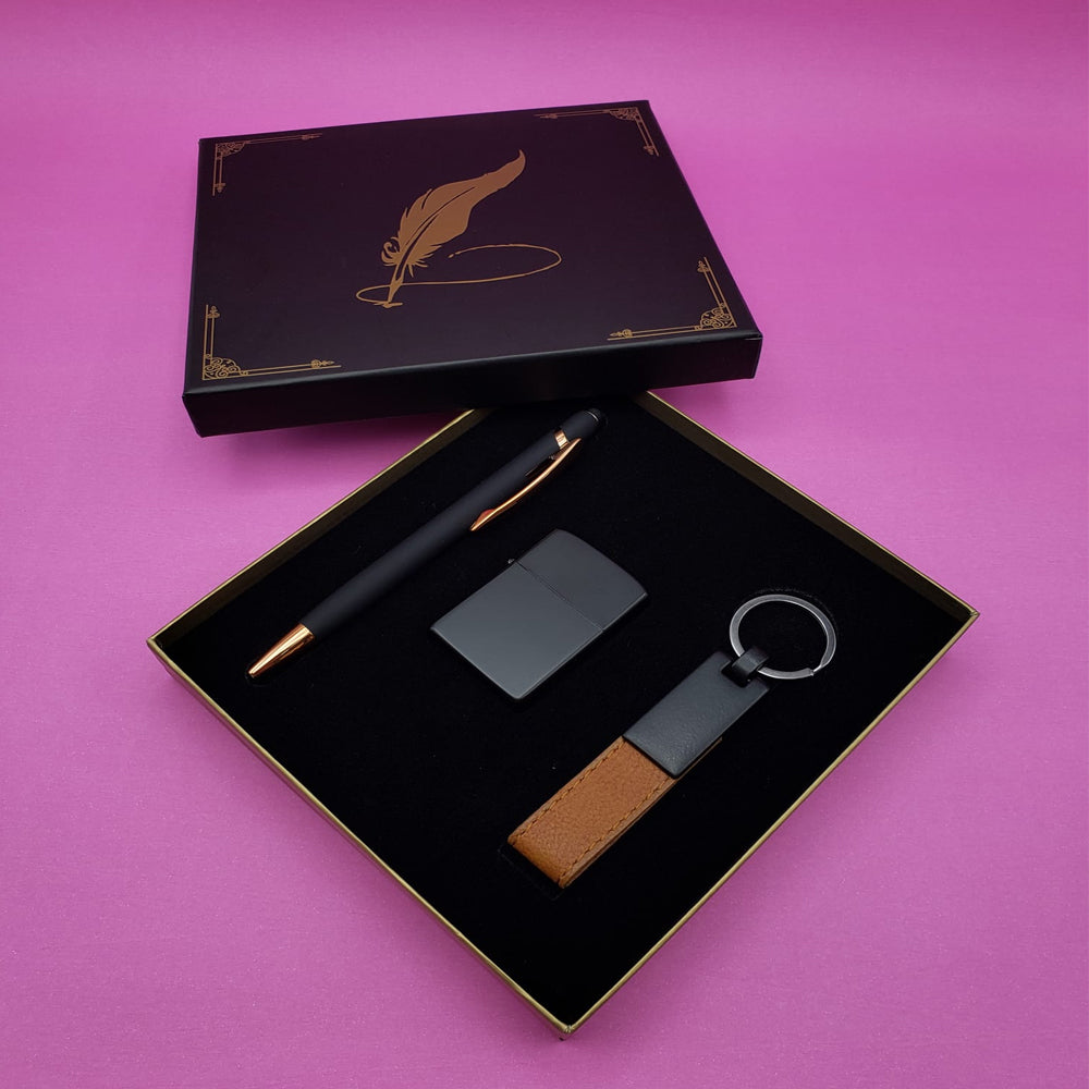 Siyah Rubber Kalem Çakmak ve Anahtarlık Hediye Seti