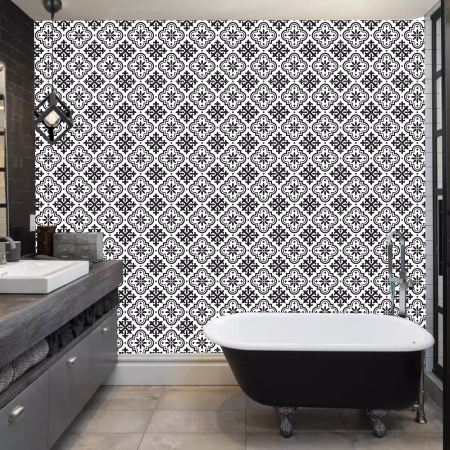 DecoHandy Pvc Duvar Karosu 30x30cm 4'lü Paket - Siyah Beyaz Çini Desen 0,36m2