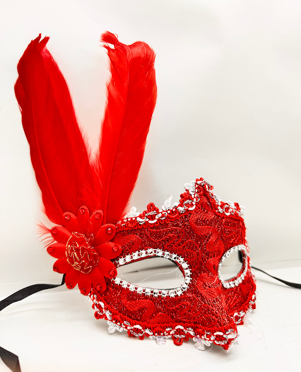 Kırmızı Renk Tüylü Dantelli Gözleri Taşlı Balo Parti Maskesi