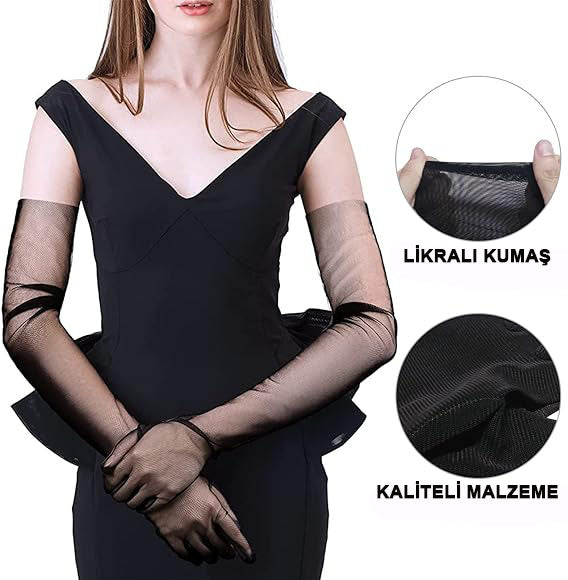 Uzun Boy Likralı Siyah Yetişkin Mega Tül Eldiven