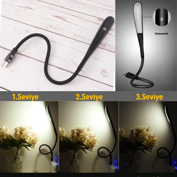 Kompakt USB Siyah 14 Ledli 3 Kademeli Dokunmatik Okuma Lambası
