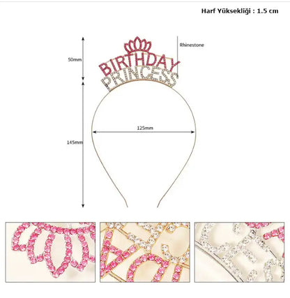 Kristal Taşlı Birthday Princess Yazılı Parti Tacı Pembe Renk