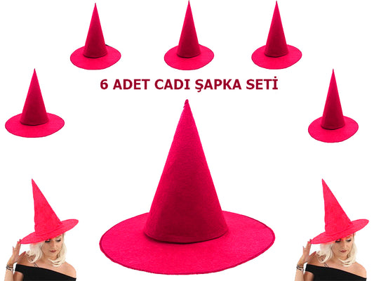 Fuşya Renk Keçe Cadı Şapkası 6 Adet