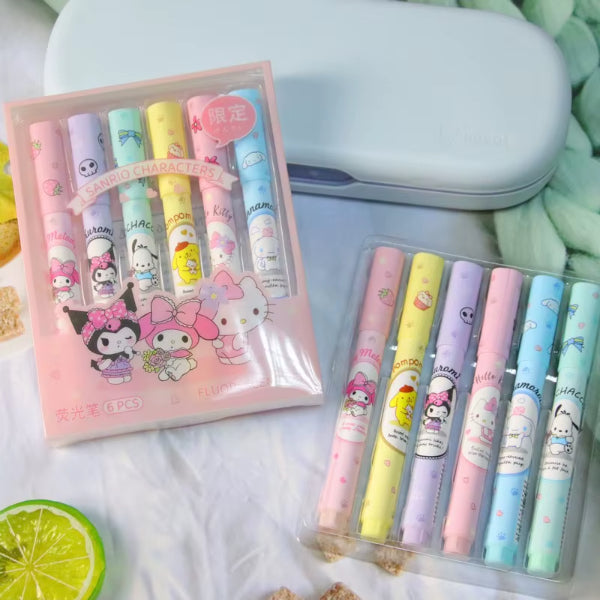 6'lı Fosforlu Kalem Seti - Sanrio Karakterleri, Kuromi, Hello Kitty