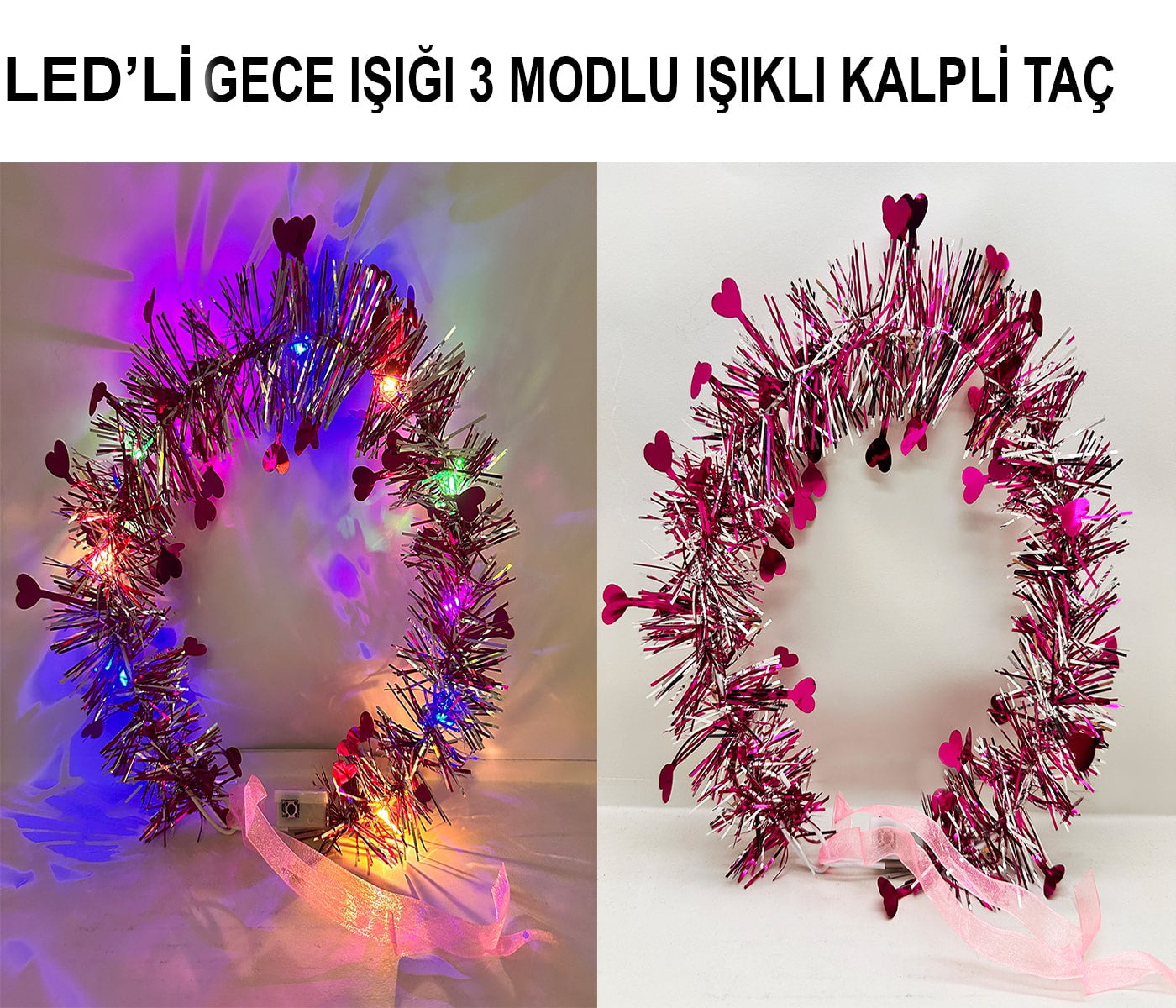 Kalp Püsküllü 3 Modlu LED Işıklı Taç Fuşya Renk