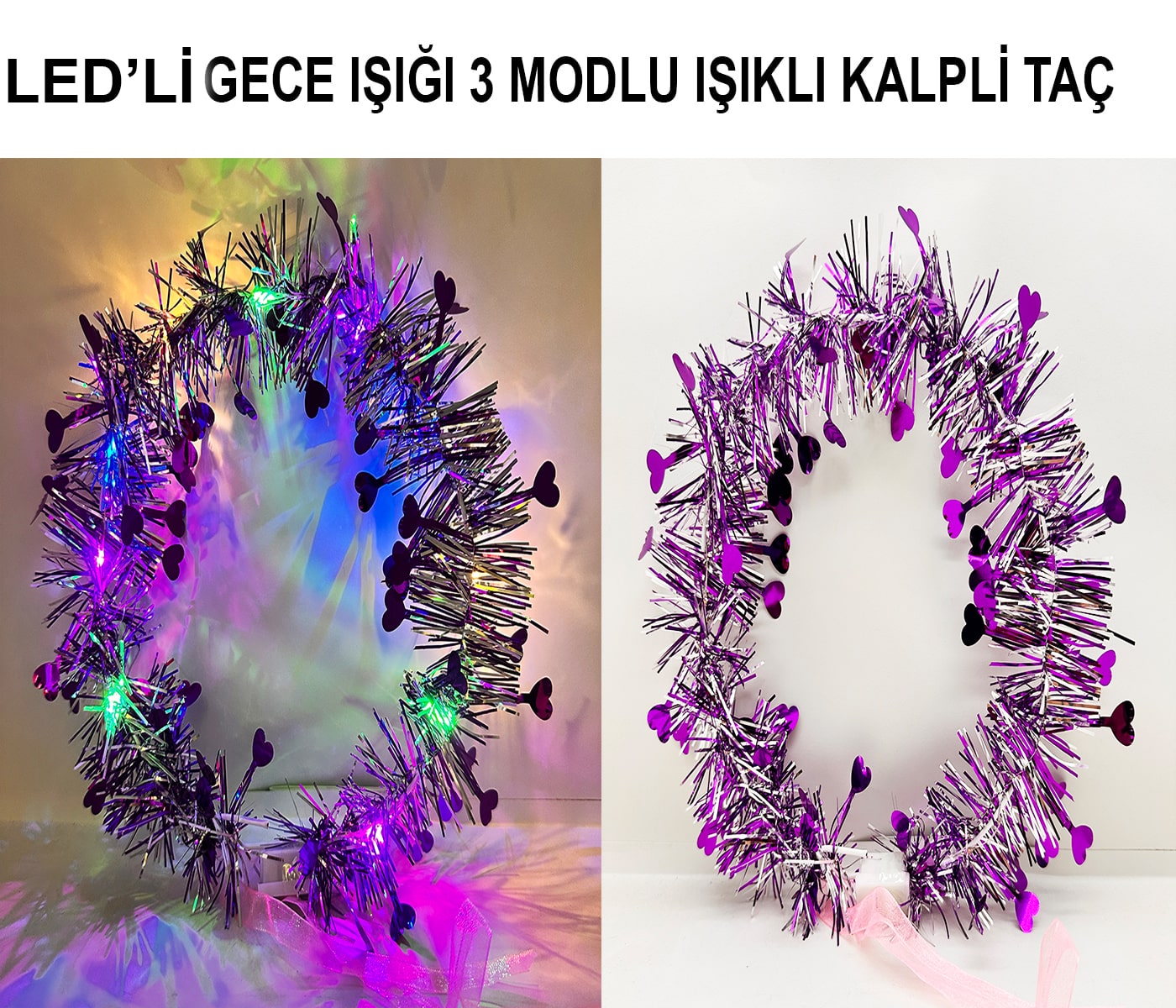 Kalp Püsküllü 3 Modlu LED Işıklı Taç Mor Renk