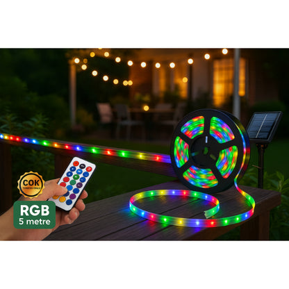 Güneş Enerjili RGB 5 Metre Şerit LED Kamp ve Bahçe Aydınlatması